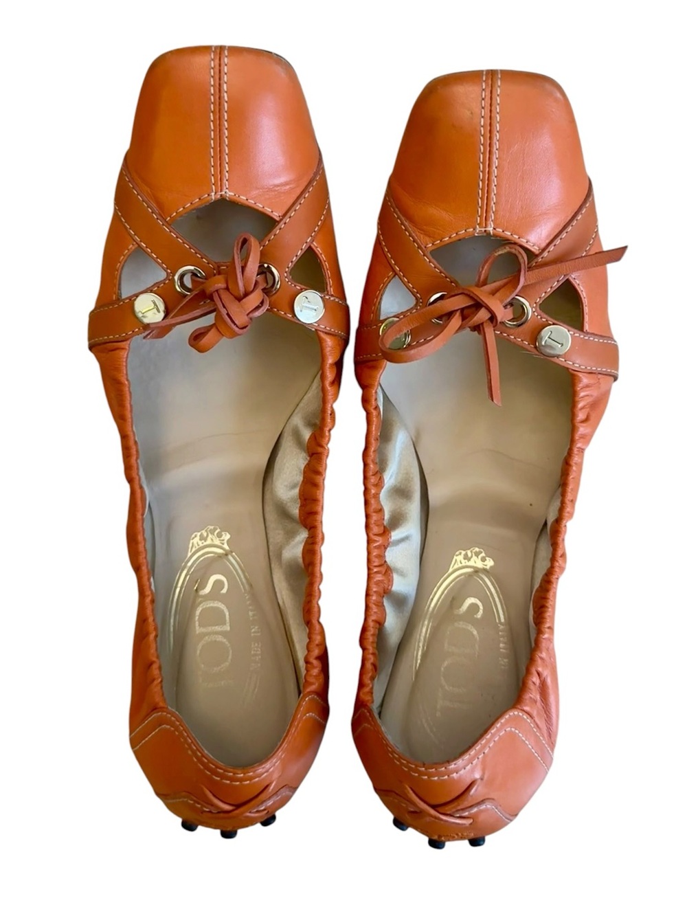 Tod's Orange Leather Square-Toe Flats with Tie and Eyelet Detail